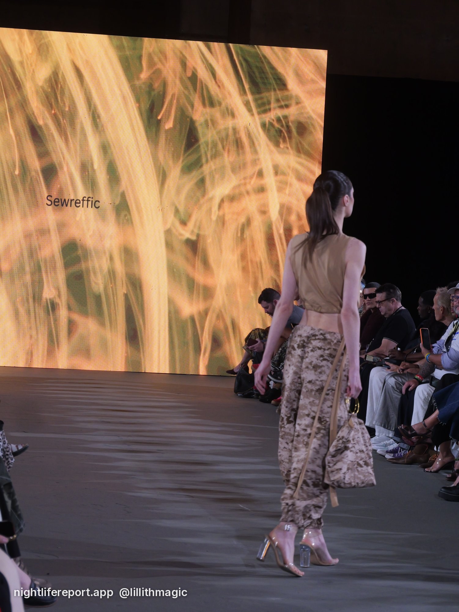 Sewreffic look under the amber flame LED wall at Bureau LA Fashion Week, Oct. 16, 2026