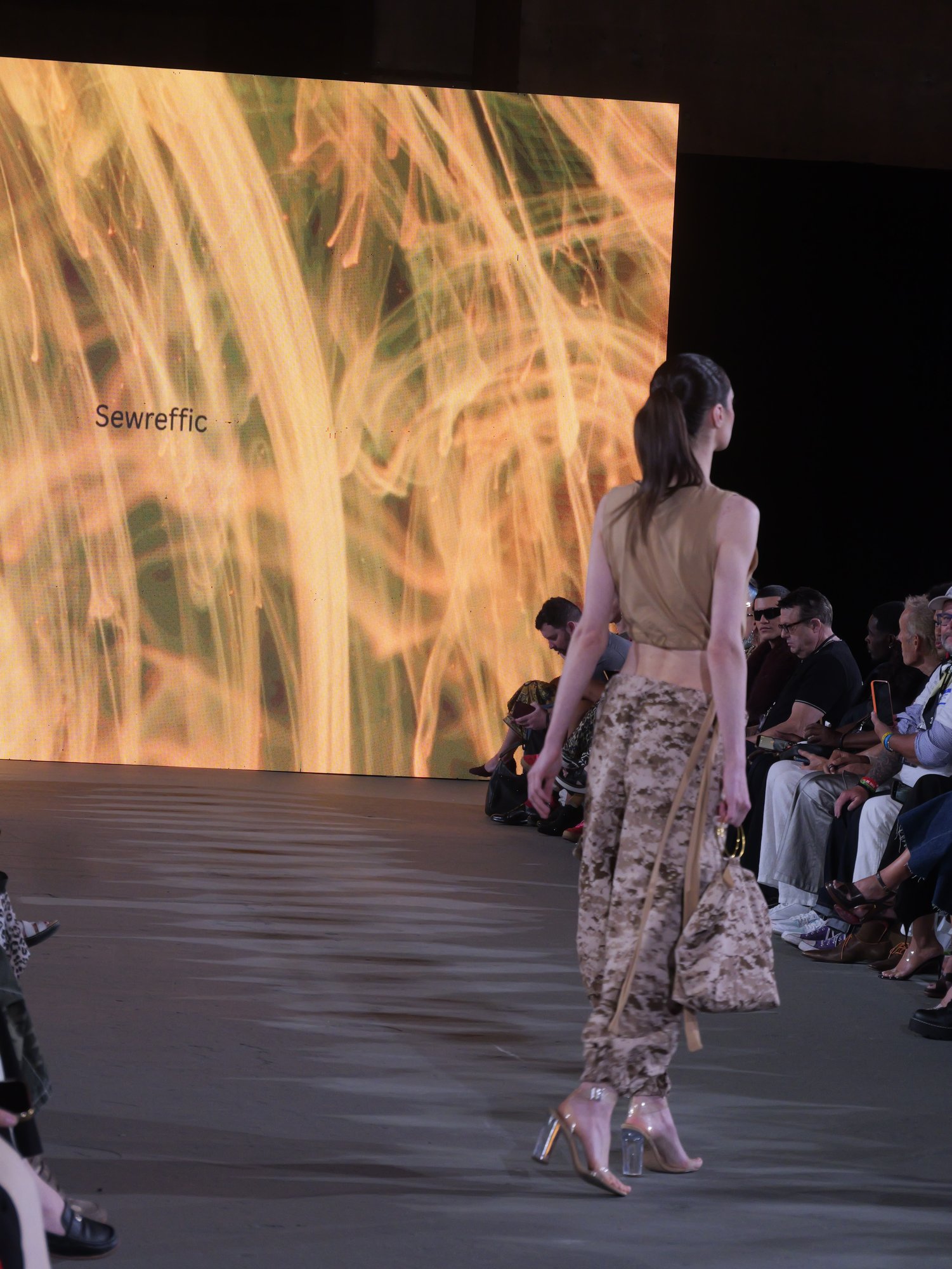 Sewreffic look under the amber flame LED wall at Bureau LA Fashion Week, Oct. 16, 2026
