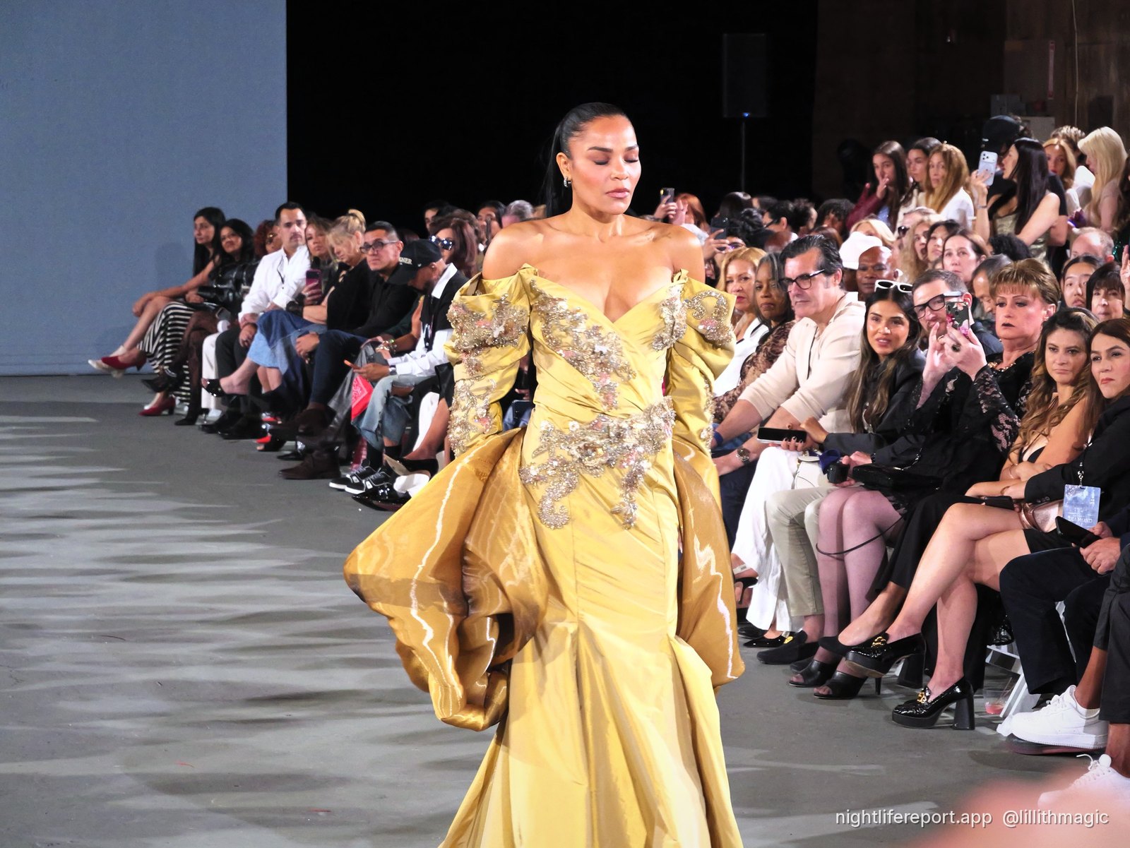 A gold gown on the runway at The Bureau Fashion Week, Los Angeles, October 2026