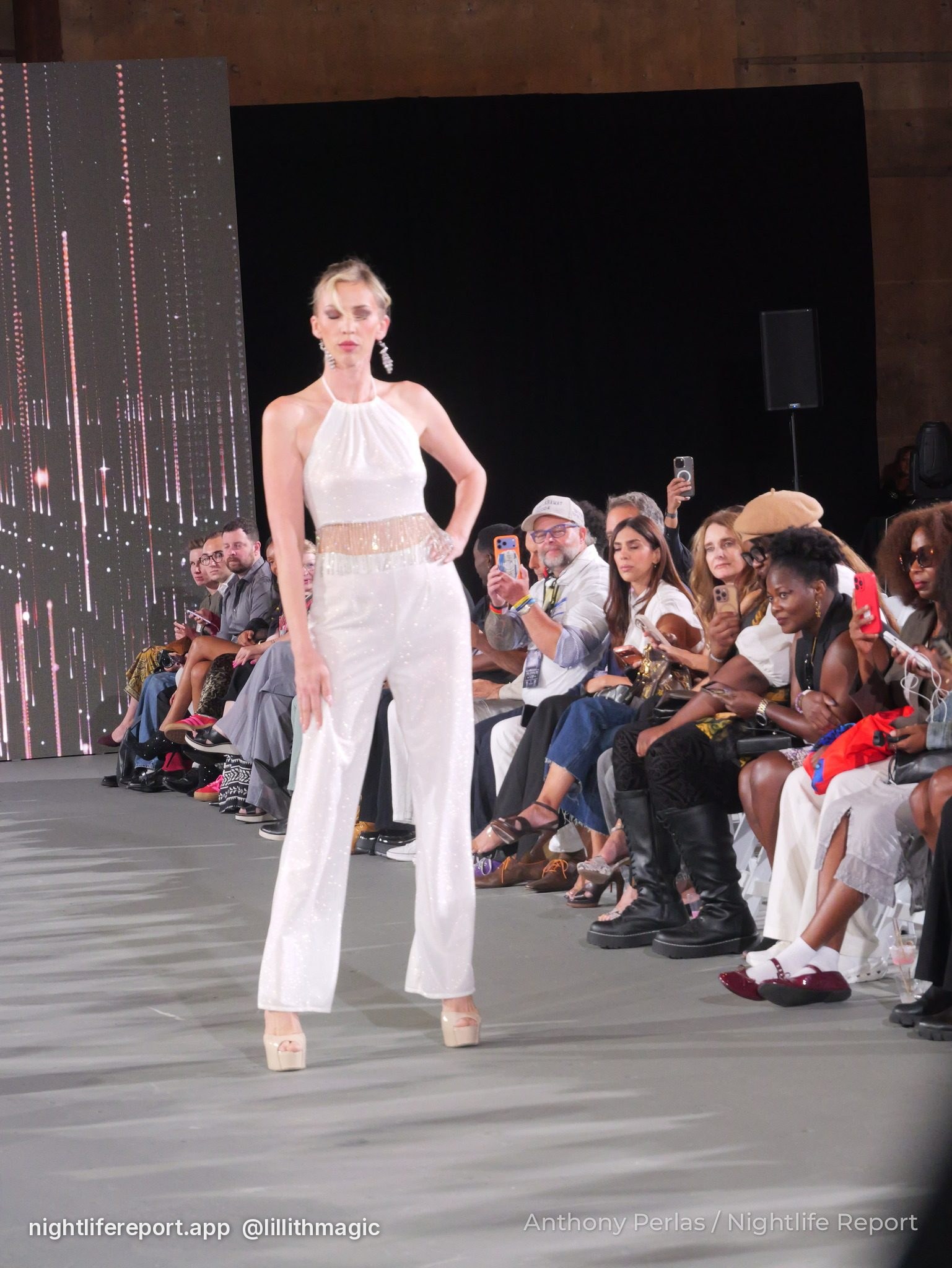 White halter crop top with white wide-leg trousers, Deborah Beaumont Designs at The Bureau Fashion Week LA, The Opening