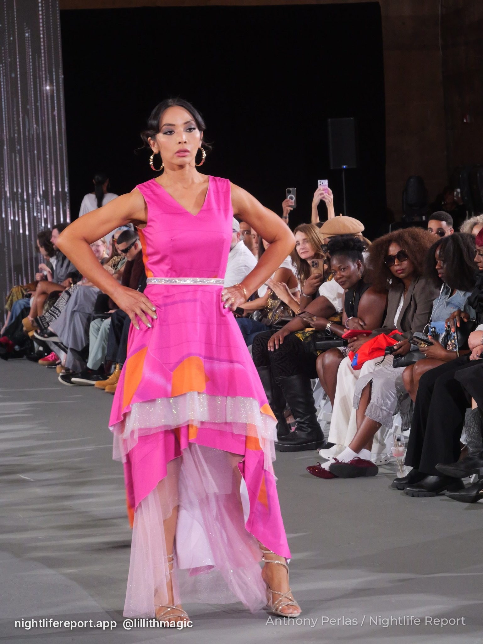 Hot pink gown with orange shapes and a sheer layered hem, Deborah Beaumont Designs at The Bureau Fashion Week LA, The Opening