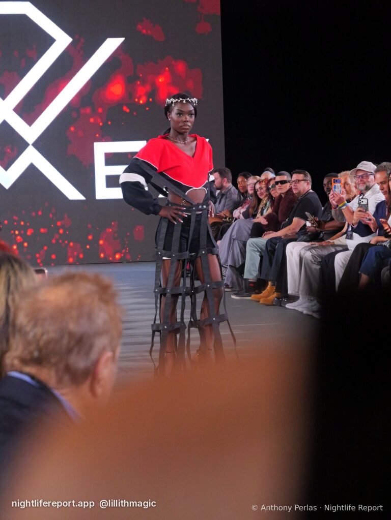 Dimez look on the runway at The Bureau Fashion Week LA, Day 1, The Opening, Fri Oct 16, 2026 (frame P1000547). Photo: Anthony Perlas / nightlifereport.app