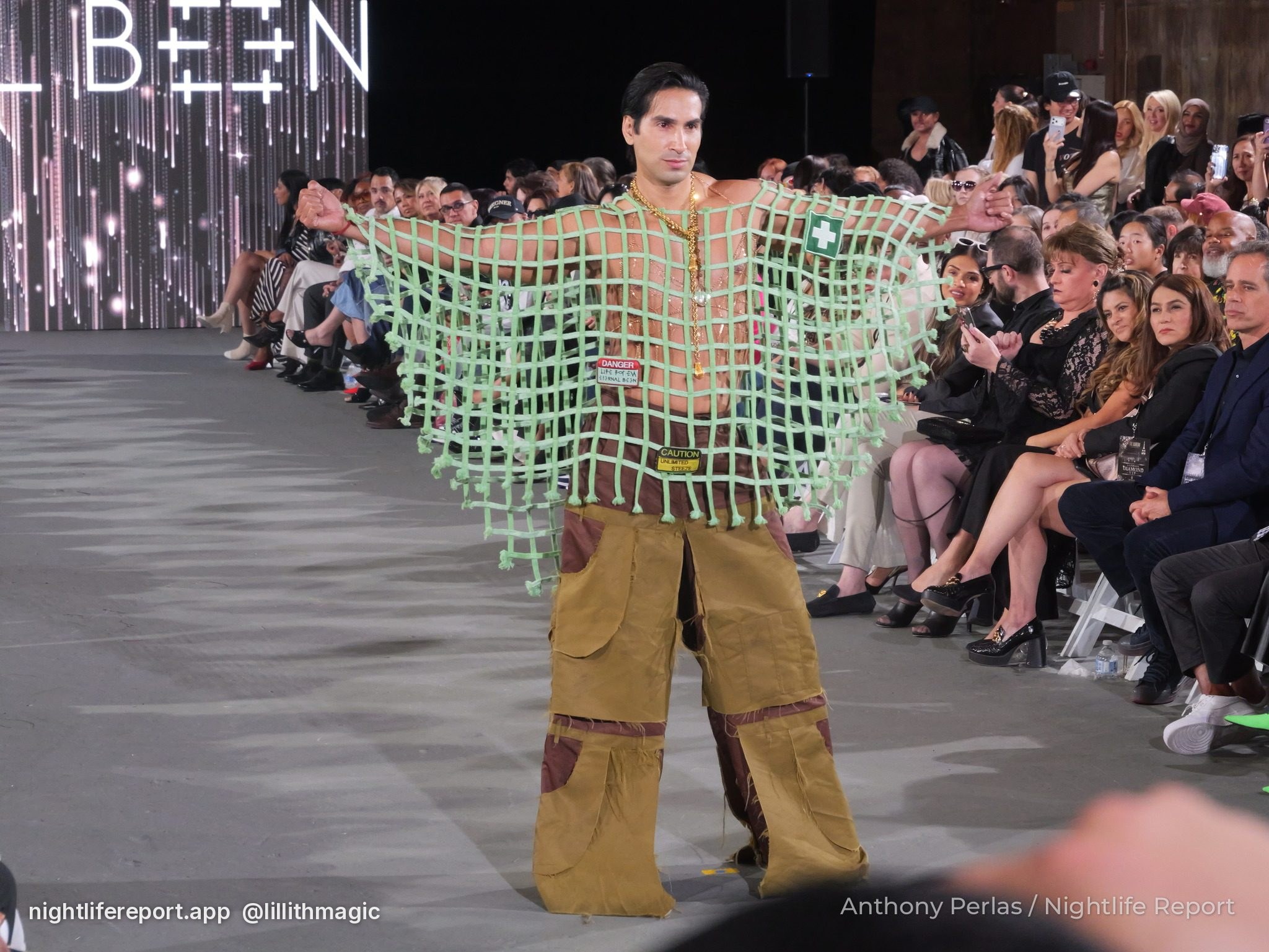 Oversized mint open-net top over a white shirt with tan wide cargo trousers, Eternal Been at The Bureau Fashion Week LA, The Finale
