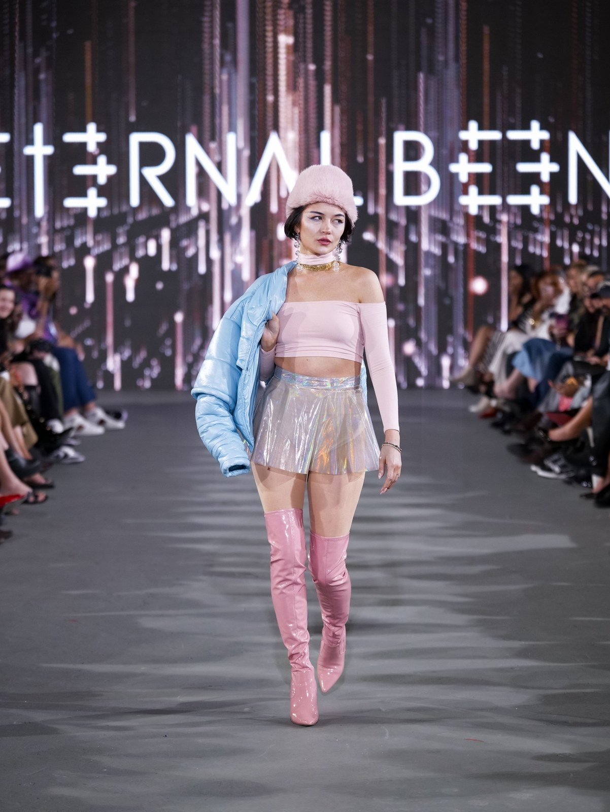 Eternalbeen look with pink balaclava and light blue jacket