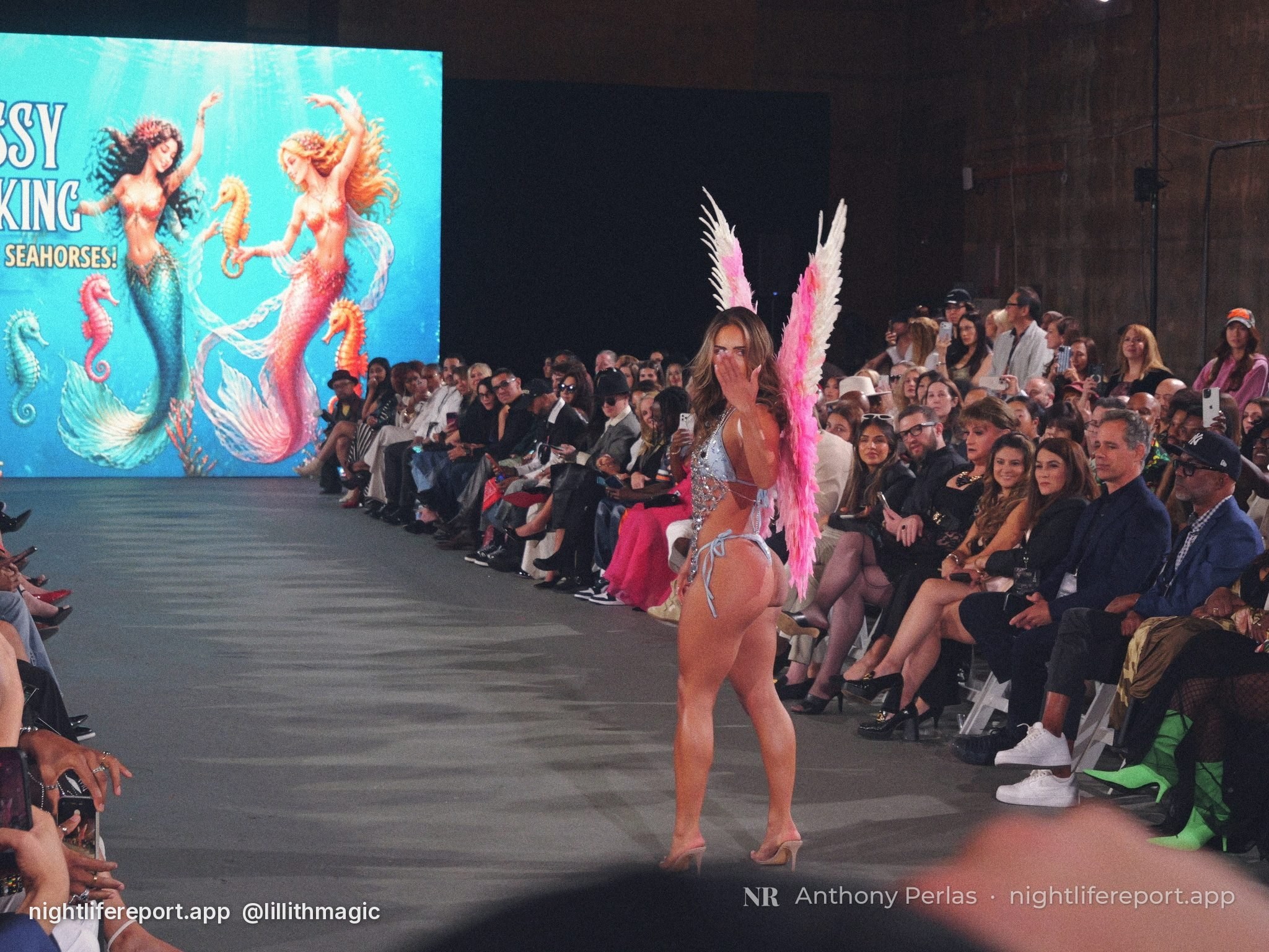 Feather wings on the Krissy King Swim runway, The Bureau Fashion Week LA Finale, Sat Oct 17, 2026