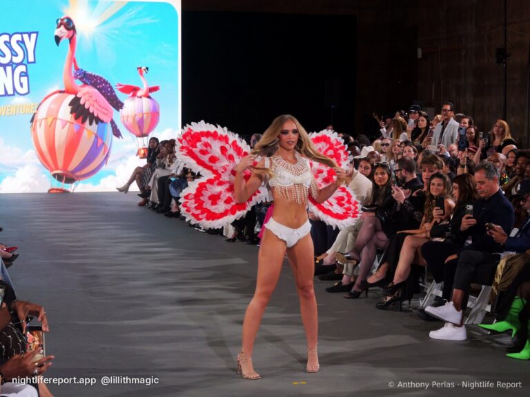 Krissy King Swim look on the runway at The Bureau Fashion Week LA, Day 2, The Finale, Sat Oct 17, 2026 (frame P1001038). Photo: Anthony Perlas / nightlifereport.app