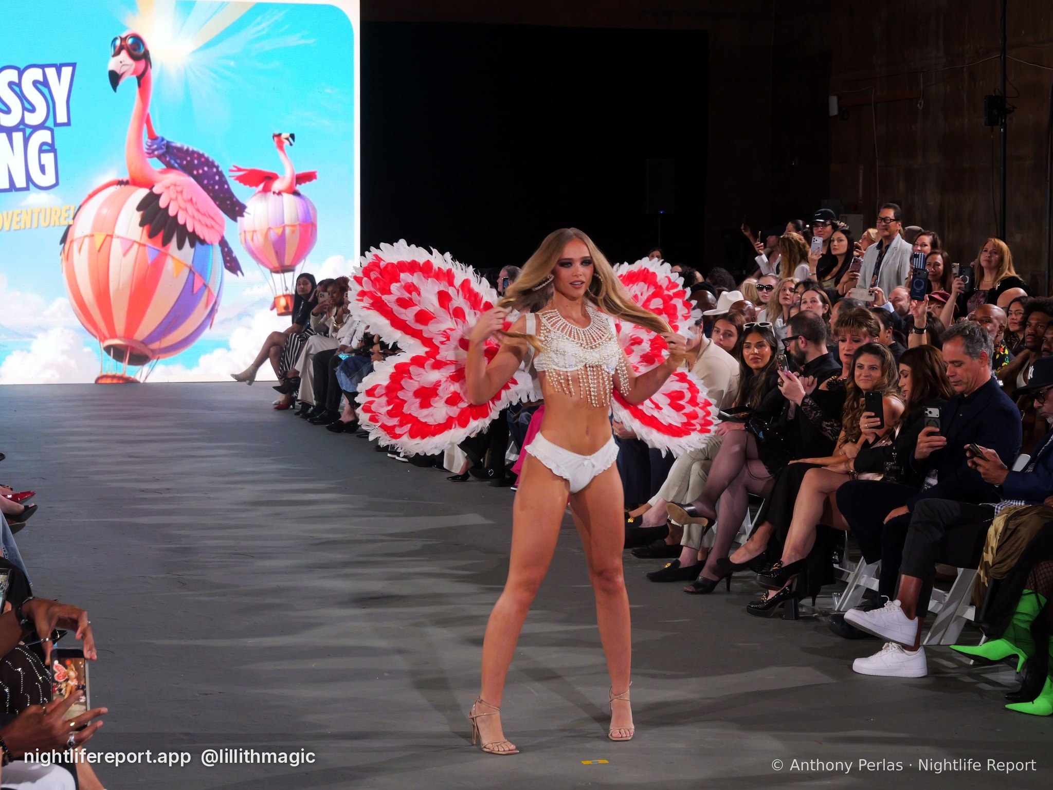 Krissy King Swim look on the runway at The Bureau Fashion Week LA, Day 2, The Finale, Sat Oct 17, 2026 (frame P1001038). Photo: Anthony Perlas / nightlifereport.app