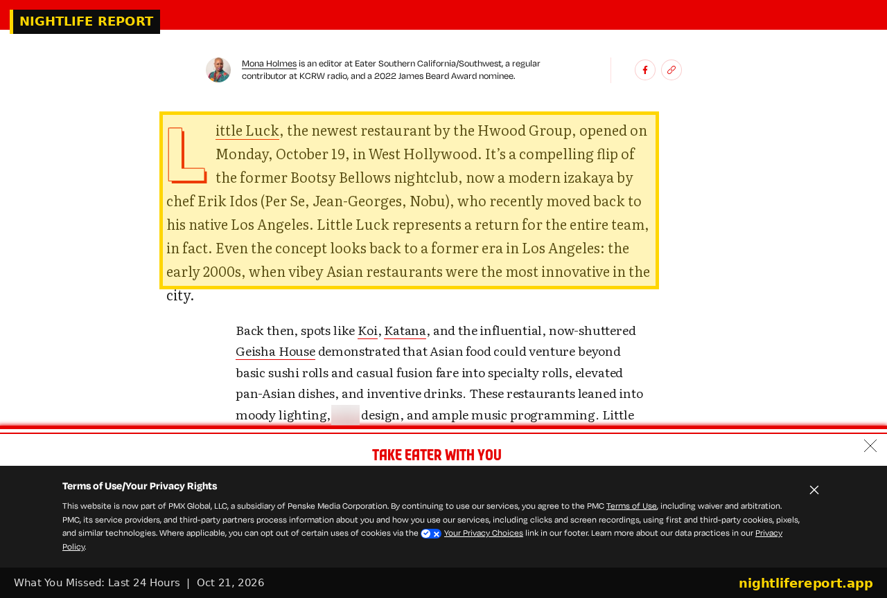 Screenshot of Eater LA story: h.wood Group's Little Luck izakaya opens in the former Bootsy Bellows space on the Sunset Strip
