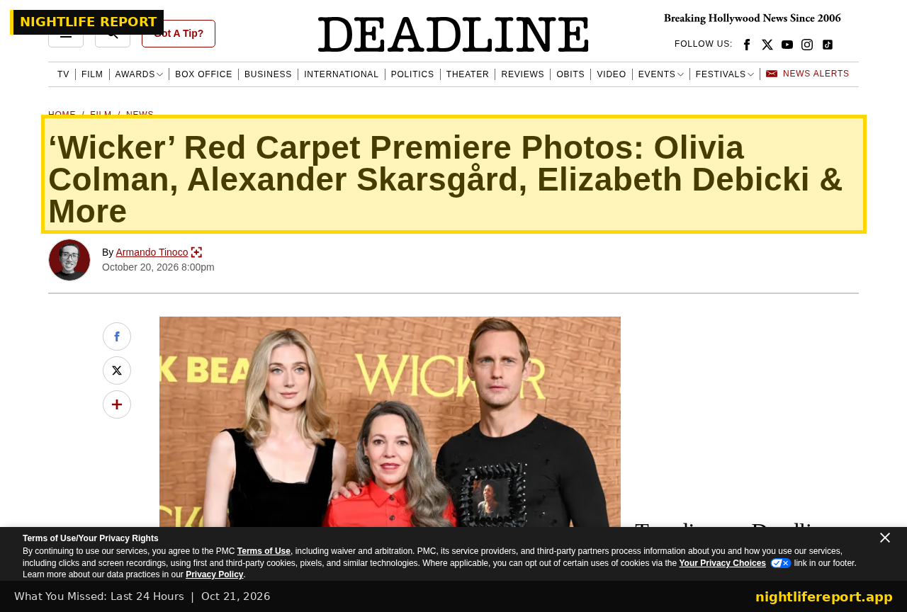 Screenshot of Deadline story: Olivia Colman, Alexander Skarsgård and Elizabeth Debicki at the 'Wicker' LA premiere