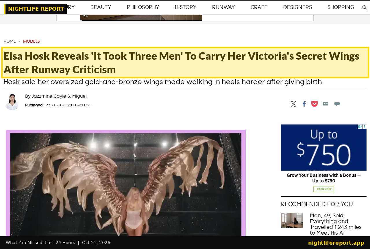 Screenshot of Fashion Times story: Elsa Hosk answers critics of her Victoria's Secret runway walk