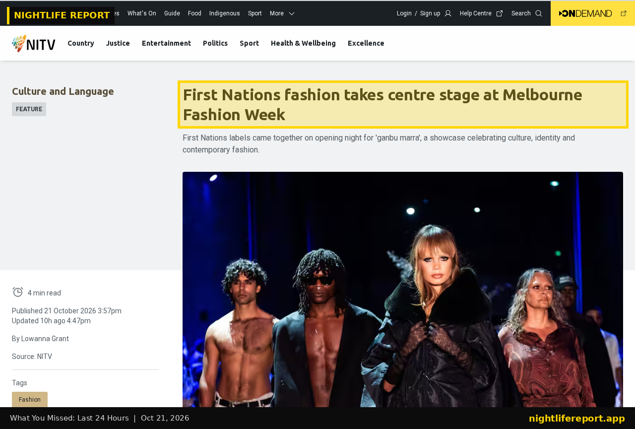 Screenshot of SBS NITV story: Melbourne Fashion Week opens with the 'ganbu marra' First Nations runway