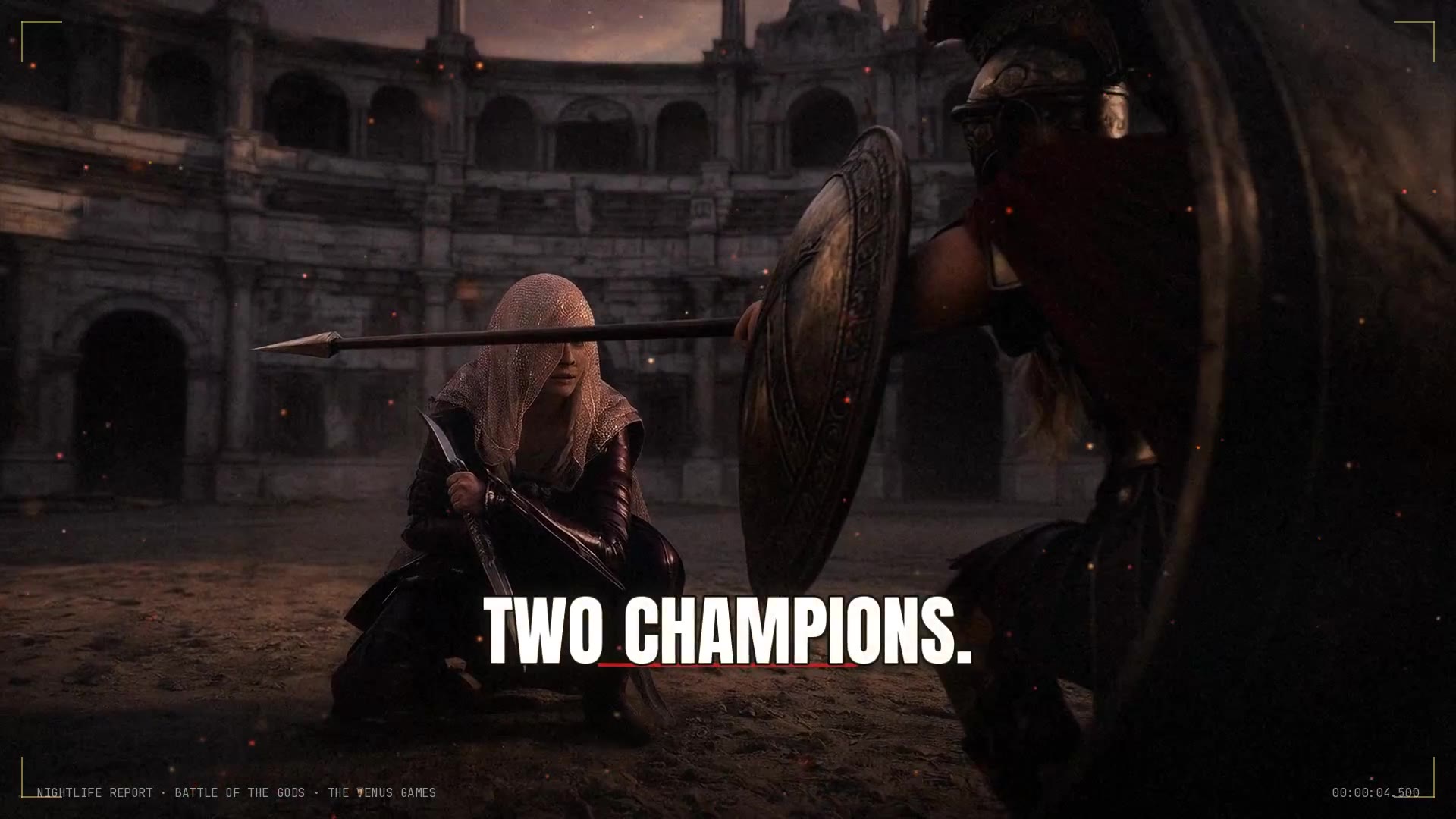 Battle of the Gods: two AI-generated champions face off in a colosseum under the words TWO CHAMPIONS. Original characters, no real person.