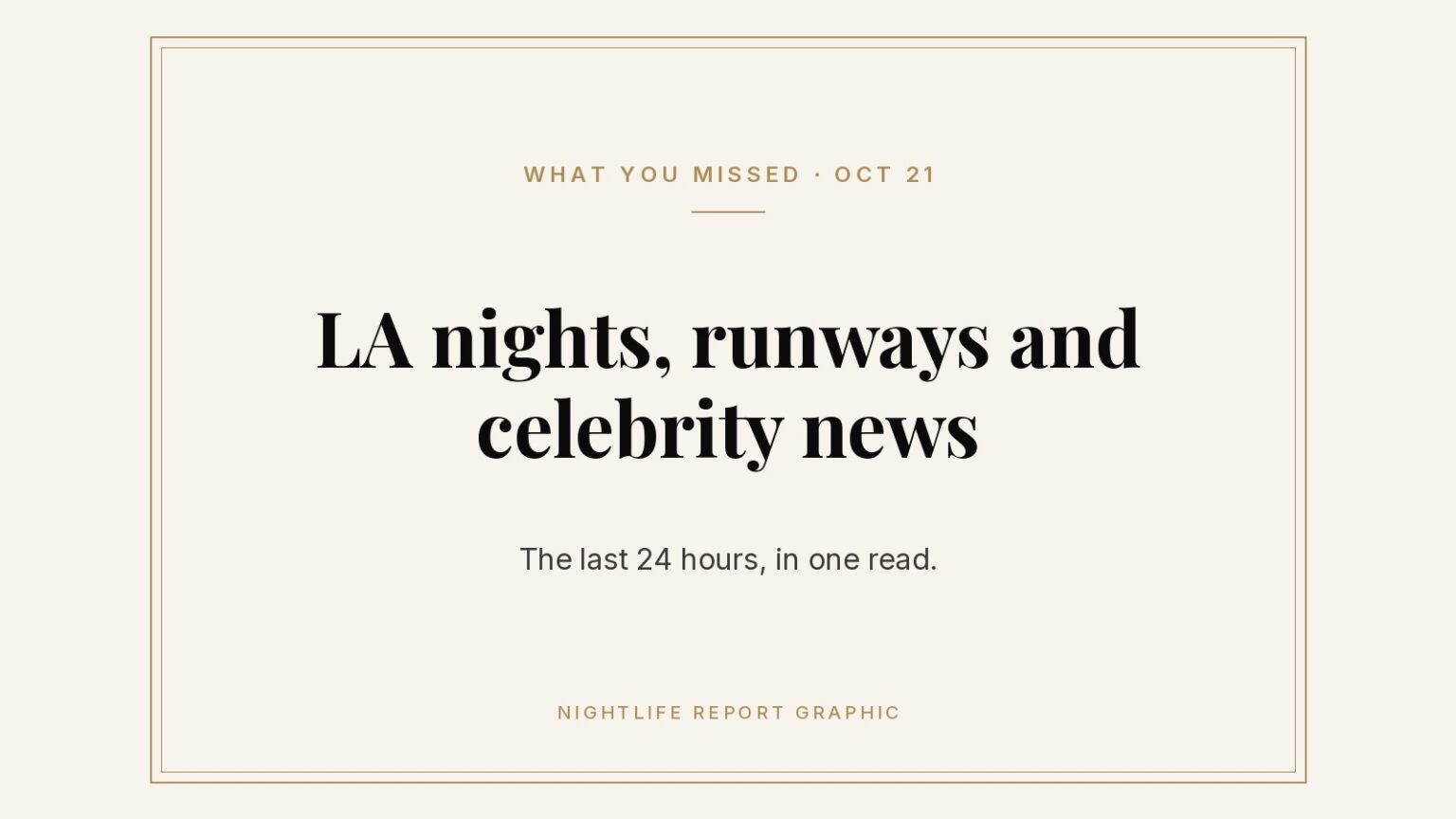 Nightlife Report graphic: LA nights, runways and celebrity news. The last 24 hours, in one read.