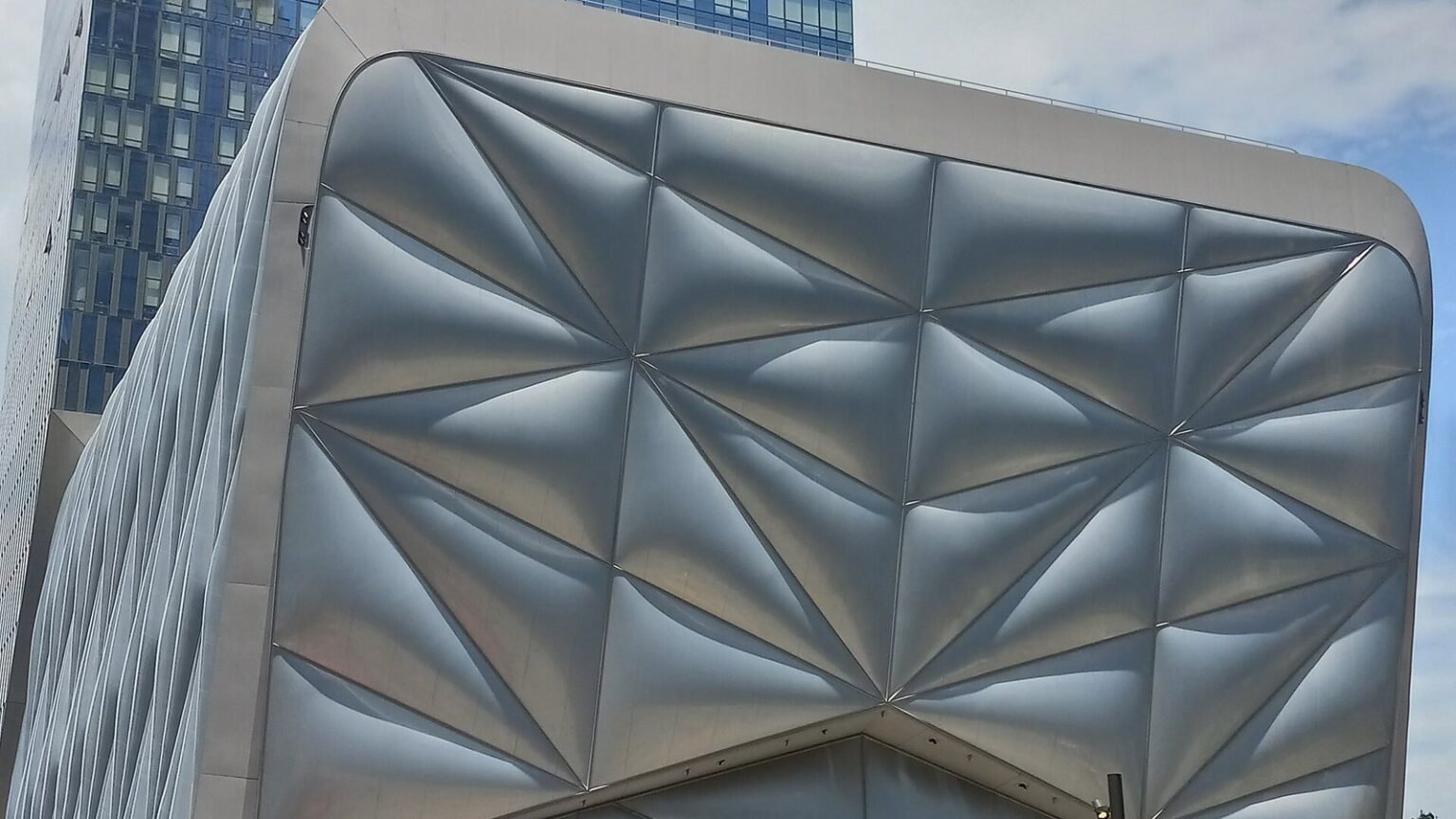 Quilted silver panels of The Shed arts center at Hudson Yards in New York