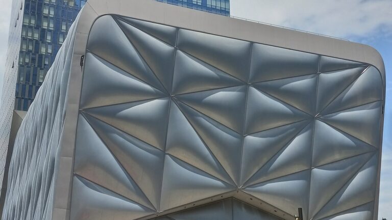 Quilted silver panels of The Shed arts center at Hudson Yards in New York