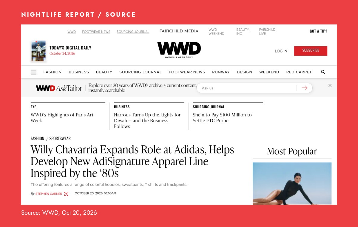 WWD headline: Willy Chavarria Expands Role at Adidas, Helps Develop New AdiSignature Apparel Line Inspired by the ‘80s
