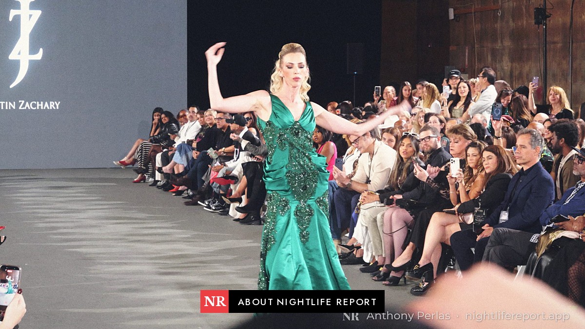 A model in a green gown on the runway at The Bureau Fashion Week LA, October 2026