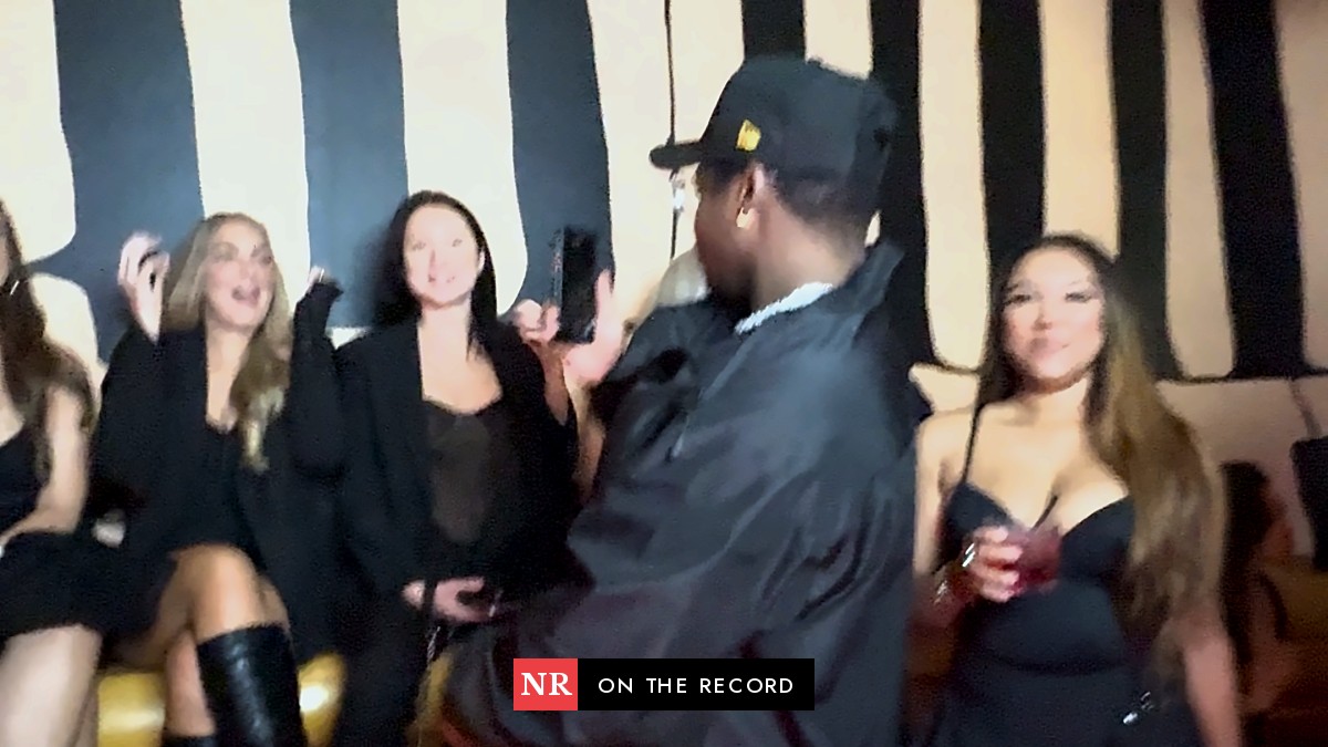 Guests in a black-and-white striped room at Keys, West Hollywood, in a still from Anthony Perlas's video