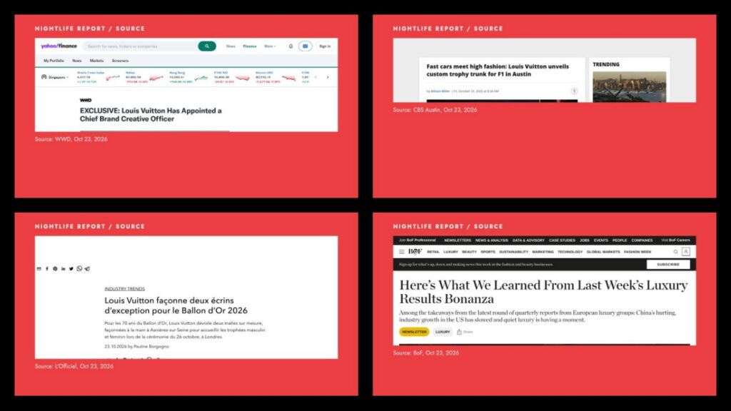 Nightlife Report collage of four source headlines: WWD, CBS Austin, L'Officiel and BoF