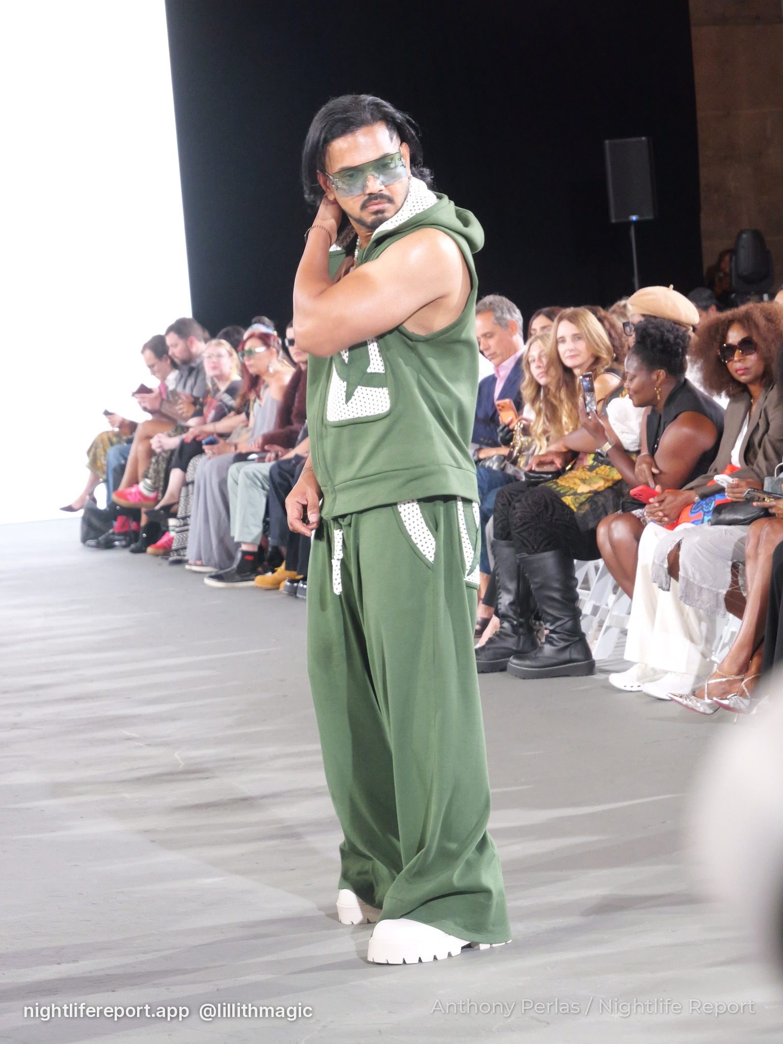 Green sleeveless hoodie with matching green wide-leg trousers, Saint Fortuna at The Bureau Fashion Week LA, The Opening