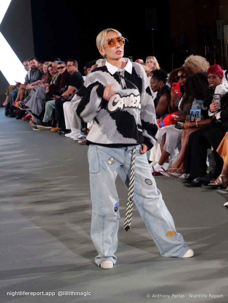 X-X Co. look on the runway at The Bureau Fashion Week LA, Day 1, The Opening, Fri Oct 16, 2026 (frame P1000654). Photo: Anthony Perlas / nightlifereport.app