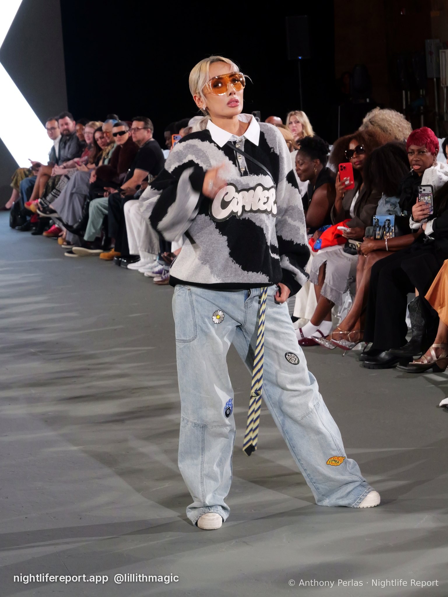 X-X Co. look on the runway at The Bureau Fashion Week LA, Day 1, The Opening, Fri Oct 16, 2026 (frame P1000654). Photo: Anthony Perlas / nightlifereport.app