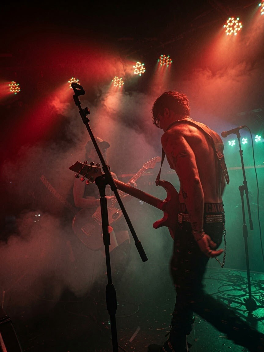 Zack Bernz performing on stage under red lights